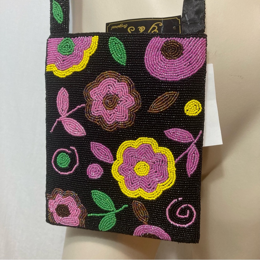 NWT Y & S Original black flower beaded zip bag crossbody pink yellow green 2000s